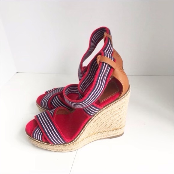 Tory Burch Red Striped Elastic Strappy Adonis Espadrille Wedge